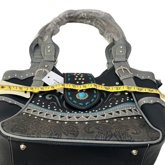 (7-200) Brand New with Tag -Black & (Turq) Western Style Two Handle Shoulder Bag - Picture 12 of 12